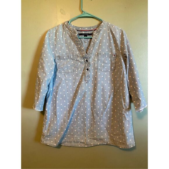 Tommy Hilfiger Popover Blue White Polka Dot Pockets Long Roll Tab Sleeve L - Picture 1 of 7